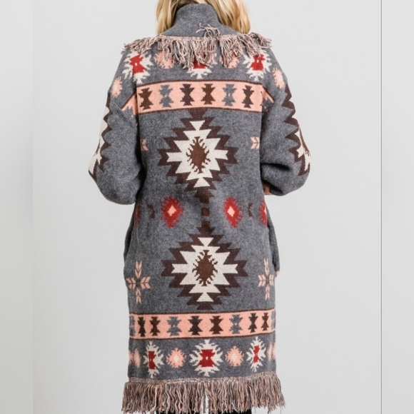 Tribal print Open front cardigan long sleeve fringe detail heavyweight - Picture 5 of 7
